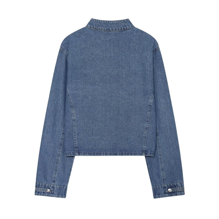 Dam kort skärning denimjacka in military stil med ståkrage och dekorativ knapp rows