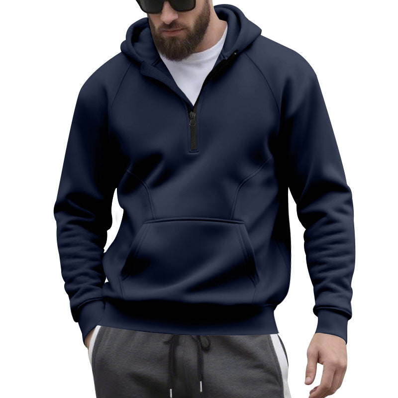 Herr Halv Dragkedja Luvtröja i Minimalistisk Softshell Look med Känguruficka och Raglanärmar