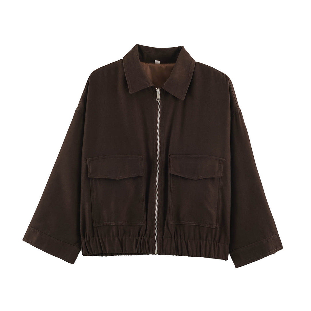 Dam Boxy kort Utility jacka med dragkedja Flap fickor och Elastic fåll