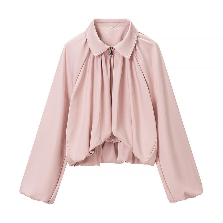 Dam Kort Blouson med Pleats, Dragkedja och Balloon Ärmar