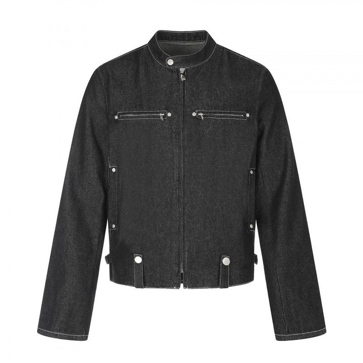 Herr kort skärning boxig denimjacka i arbeteer blouson stil med ståkrage och metall applikationer