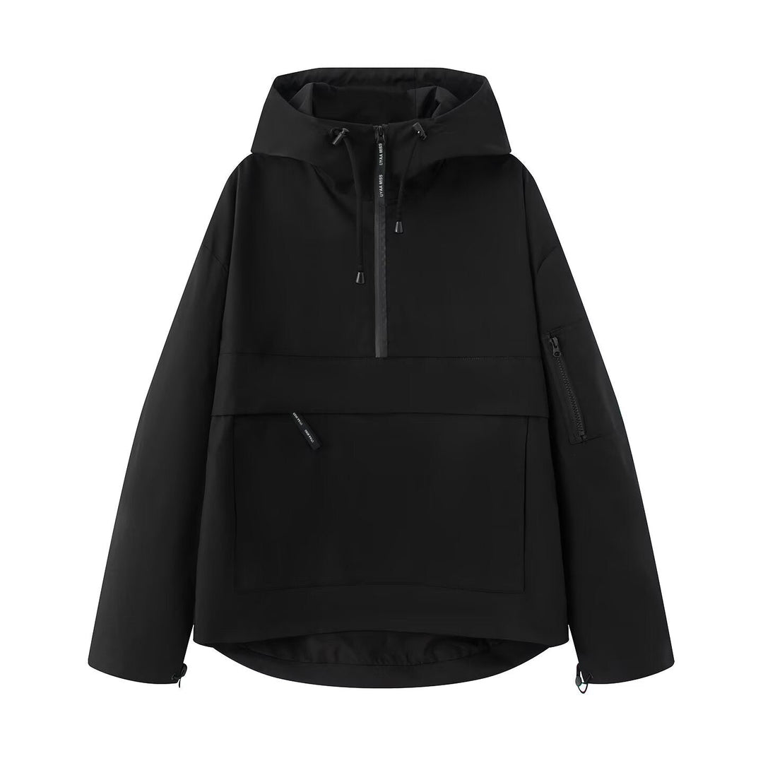 Dam vattentät oversize Anorak med huva, Half dragkedja och Kangaroo ficka