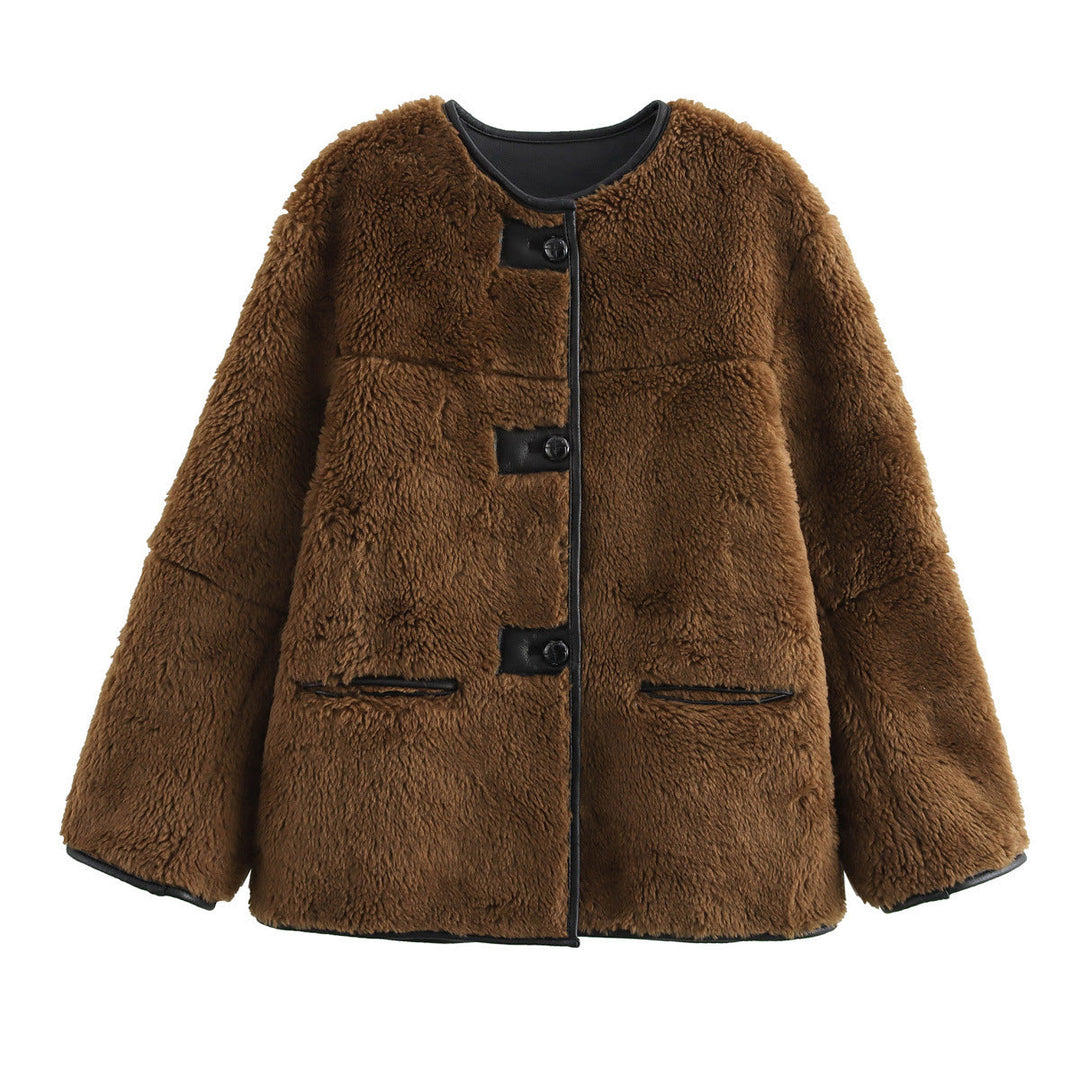 Dam Boxig Teddy Jacka i Faux Shearling med Round Neck, Knapp Stängning och Läder Piping