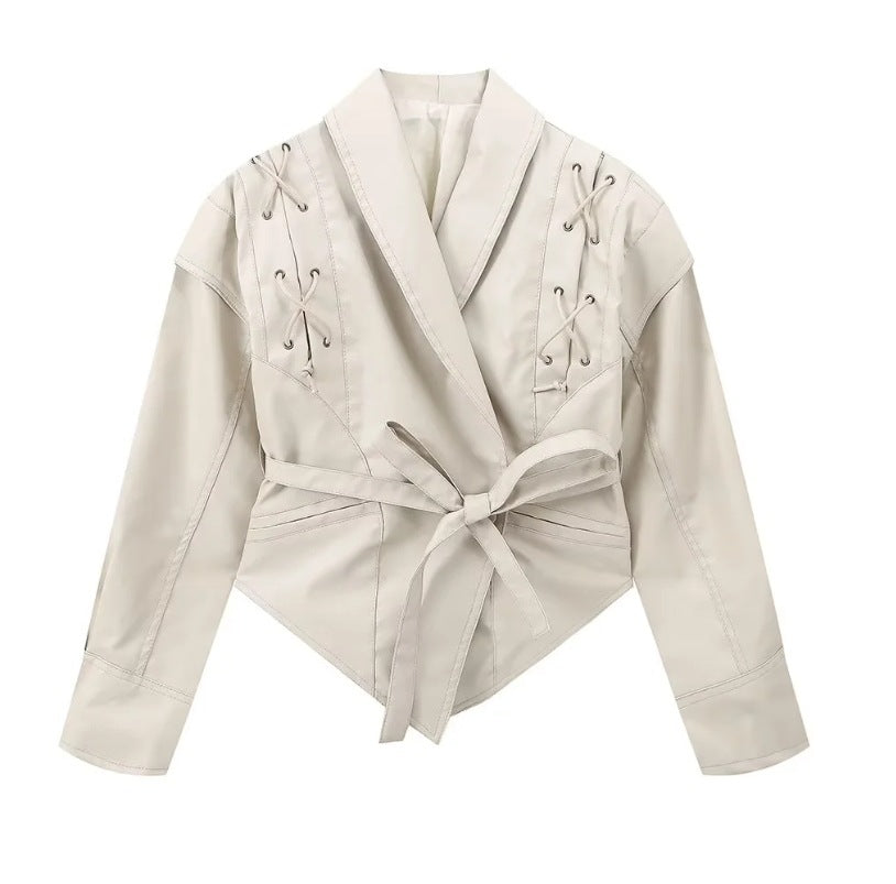 Dam 100+ Kort Wrap Jacka med Tie Belt och Eyelet Lacing Detail