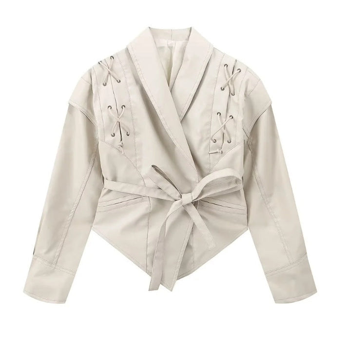 Dam 100+ Kort Wrap Jacka med Tie Belt och Eyelet Lacing Detail