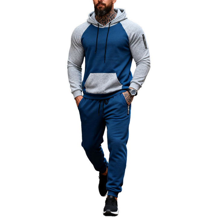 Herr Two-Piece med Huva Sweat Set med Raglanärmar, Ärm Dragkedja Ficka, och Tapered Jogging Byxor