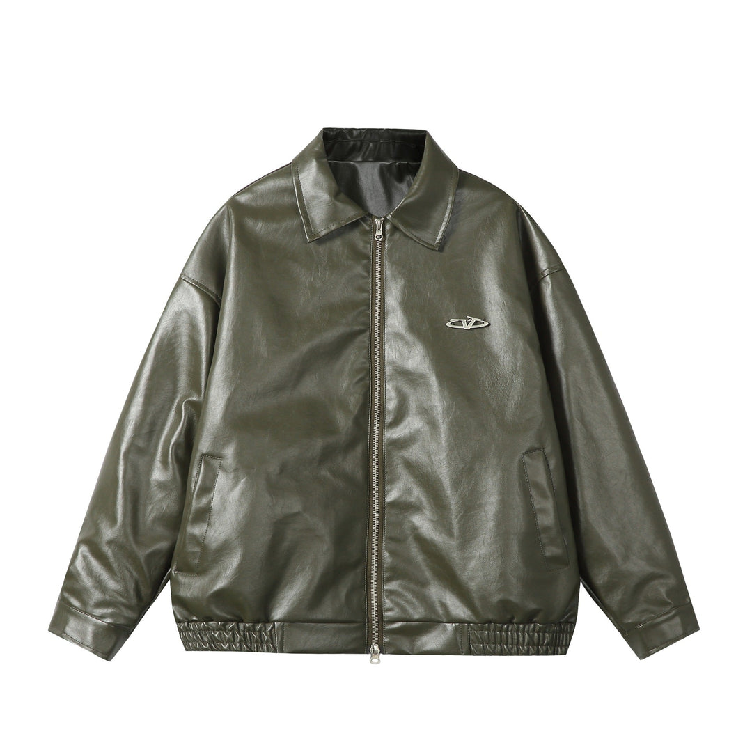 Dam Oversized Smooth Läder Look Blouson Jacka med Elastic Fåll och Metal Logo