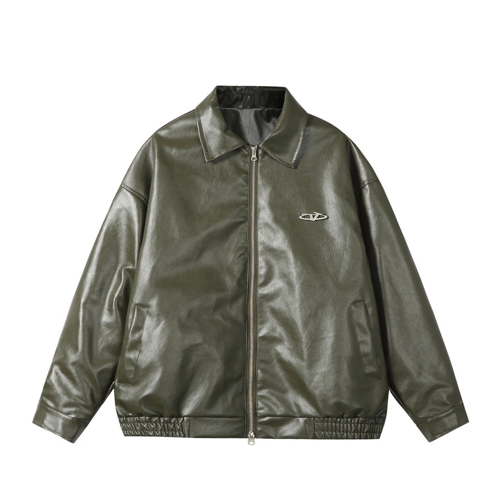 Dam Oversized Smooth Läder Look Blouson Jacka med Elastic Fåll och Metal Logo