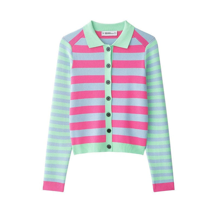 Dam Randig Kort Stickad Jacka med Polo Krage, Contrasting Knapplist och Ribbstickade Muddar