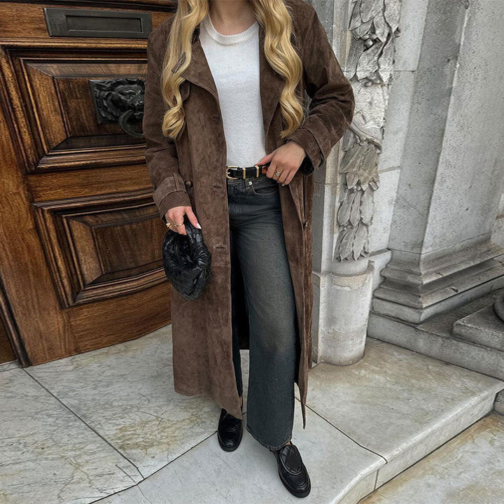 Dam lång mocka jacka in a minimalistisk trench look med mjuk Lapels
