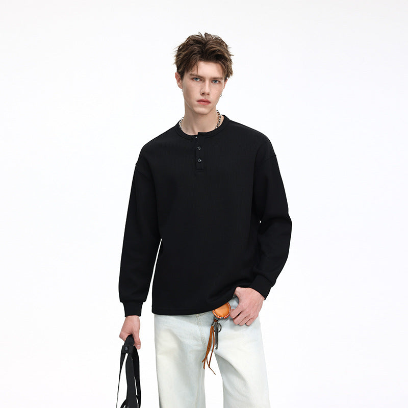 Herr Waffle Structure Henley Termisk Skjorta med Knapplist och Avslappnad Passform Drune