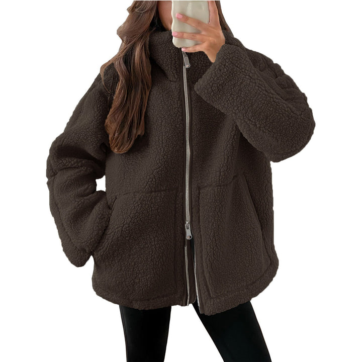 Dam oversized teddy fleecejacka med ståkrage och full-length dragkedja