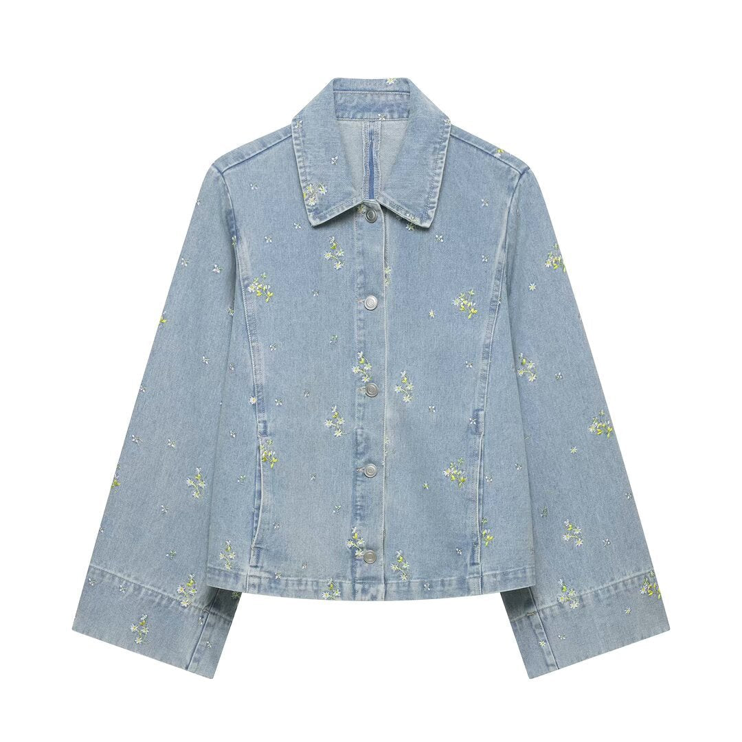 Dam Jeans Jacka med Blommig Embroidery och Boxig Silhuett