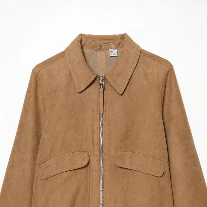 Dam Kort Suede Läder Blouson i Boxig Skärning med Skjort Krage, Lock Fickor och Wide Ribbed Cuff