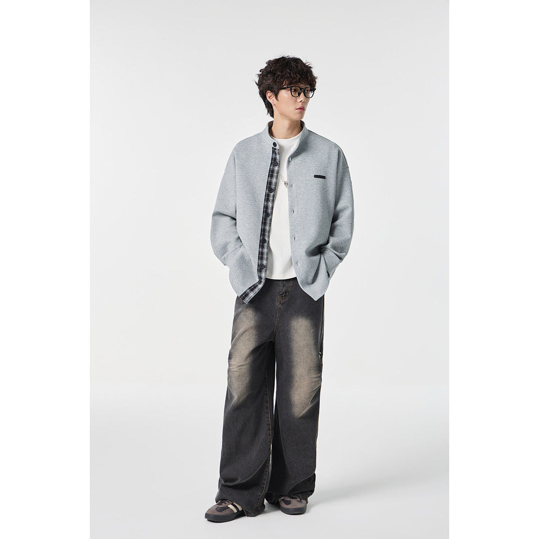 Unisex Oversized Skjorta Jacka i Sweat Overlay med Ståkrage och Rutig Inner Cuff