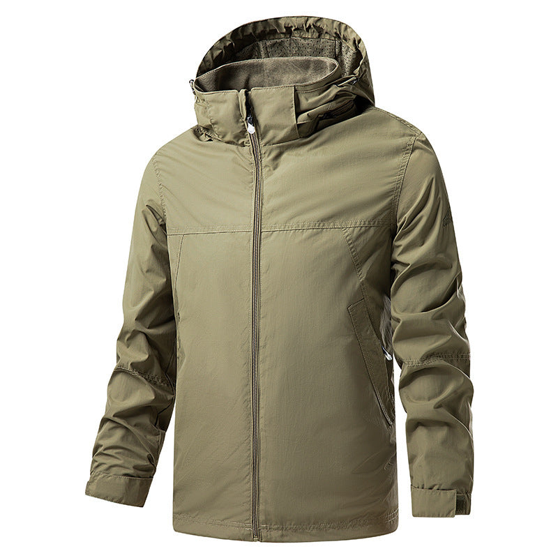 Herr Lätt Packable Regn och Vind Jacka med Justerbar Huva och Microfleece Krage