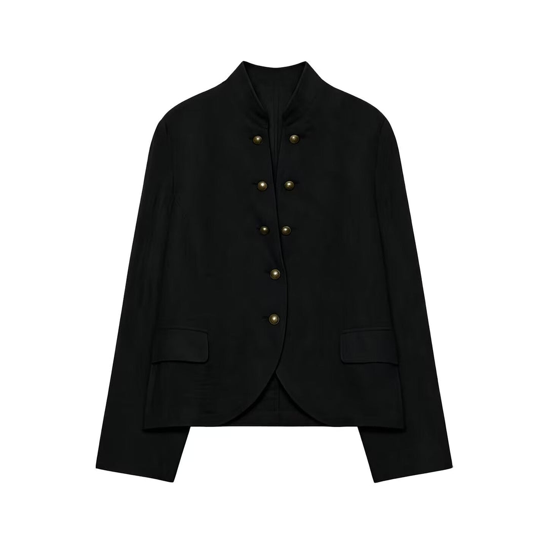 Dam Elegant Kort Jacka med Standing Krage, Dekorativ Toggle Knappar och Lock Fickor