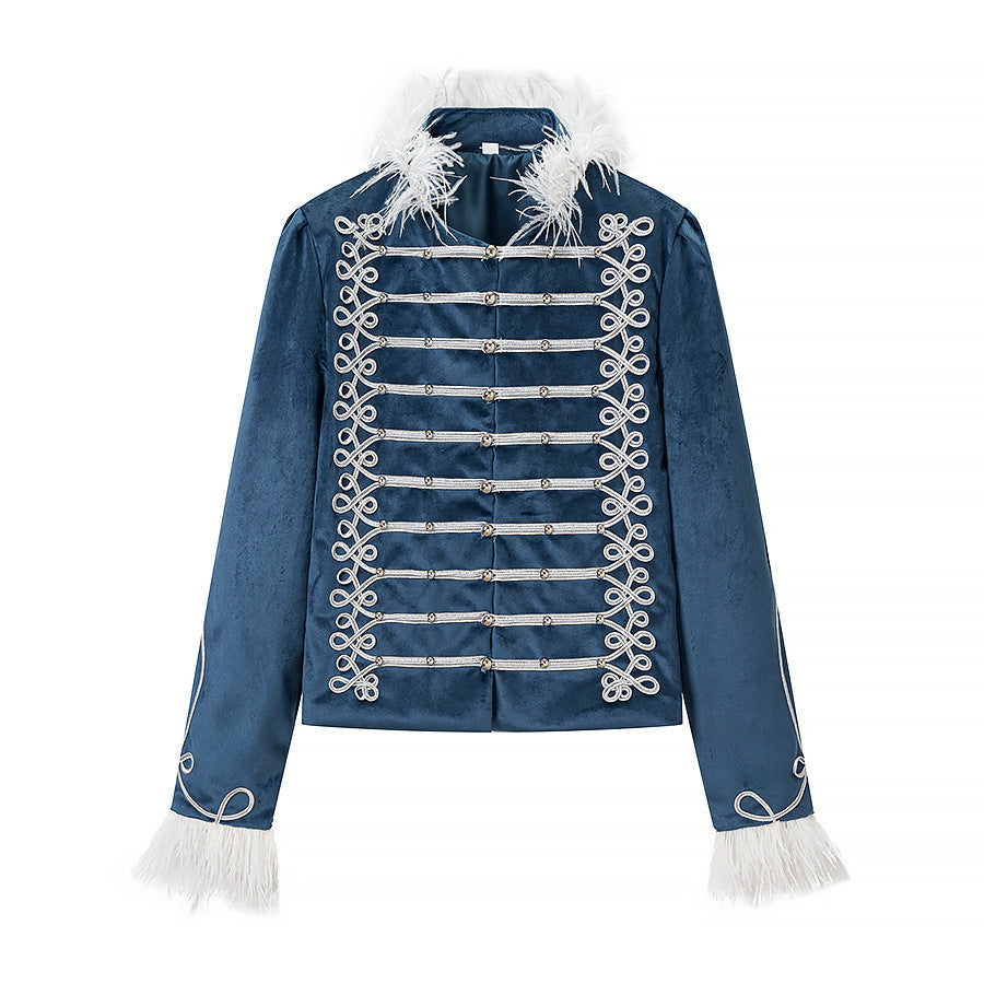 Dam Ornamental Military Jacka med Dekorativ Cords och Feather Kant