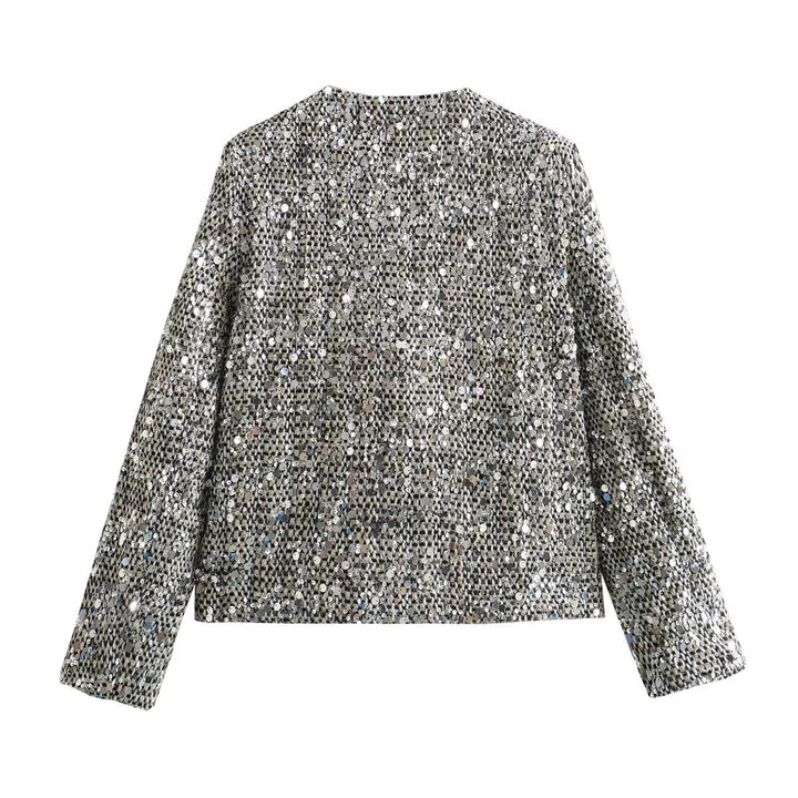 Dam kort jacka med sequin trim och bouclé structure
