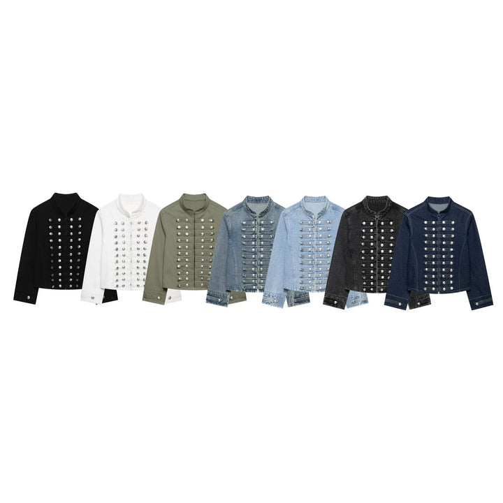 Dam Tailored Denim Blazer Jacka i Military Inspired Marshal Stil med Dekorativ Knapp Knäppning