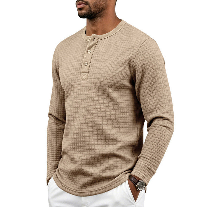 Herr Textured Termisk Henley Lång Ärm Skjorta med Waffle Texture och Rounded Fåll