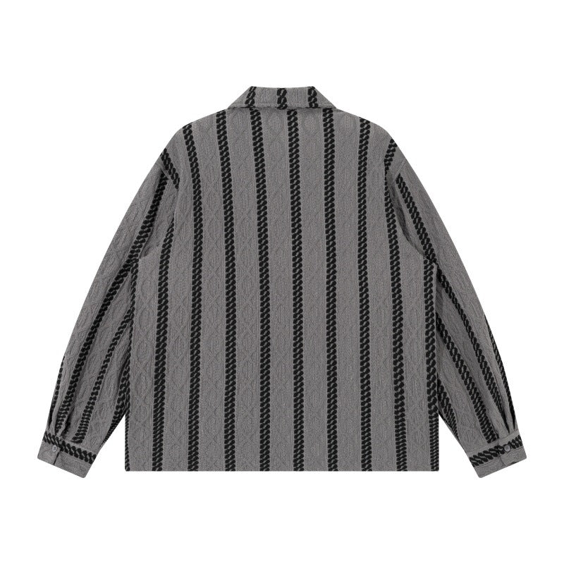 Unisex Lätt Skjorta Jacka med Camp Krage, Avslappnad Passform och Vertical Braid Rand Mönster