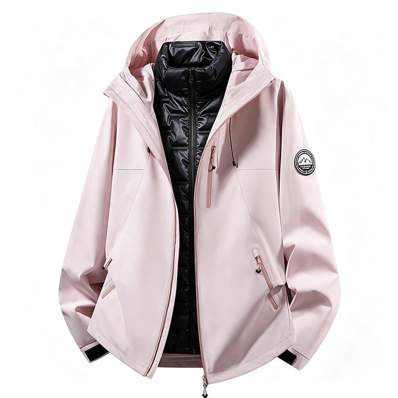 Unisex non-vattentät three-piece softshell jacka med detachable quiltad inner jacka och huva