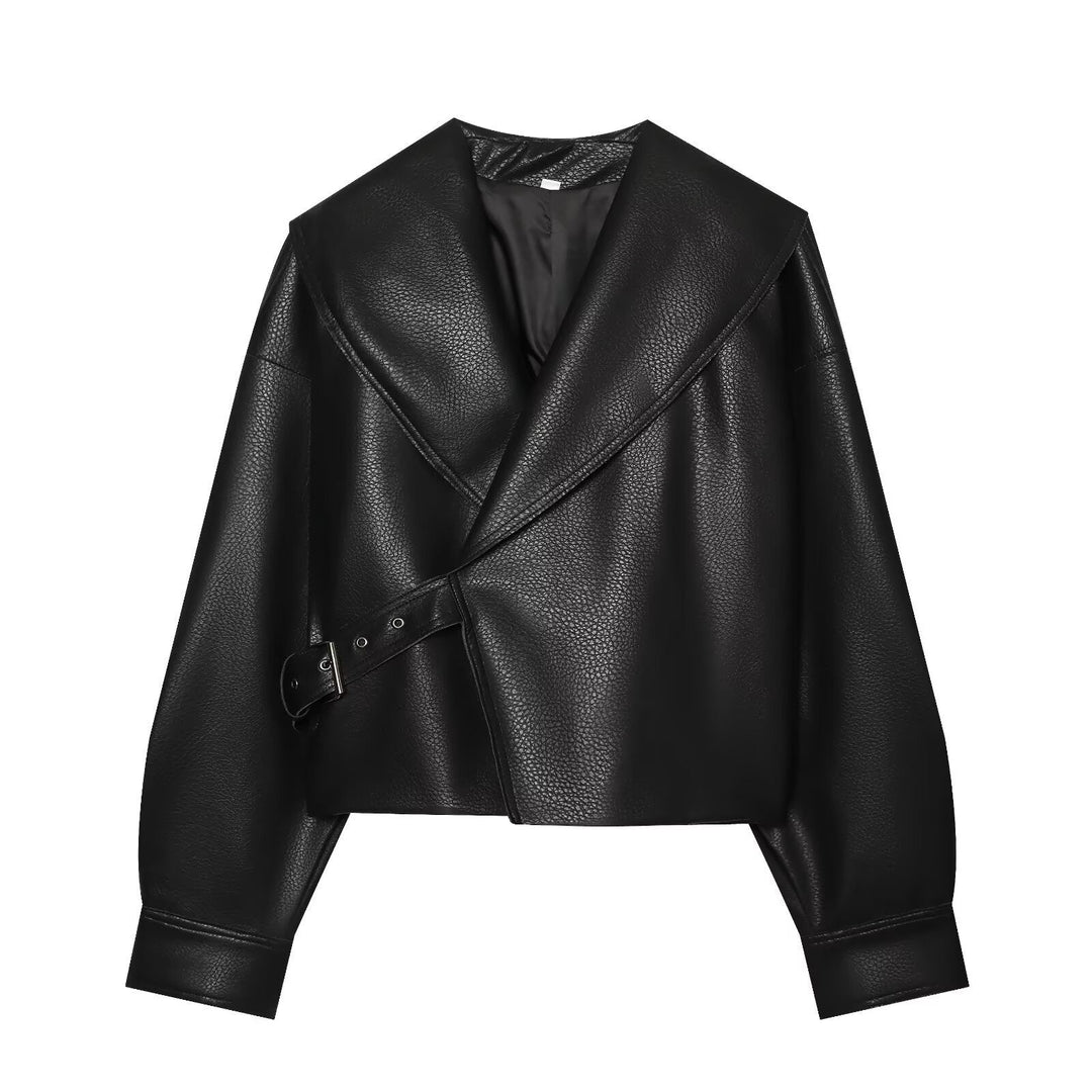 Dam Kort Läderlook Blouson med Oversize Shawl Krage och Asymmetrisk Waist Belt