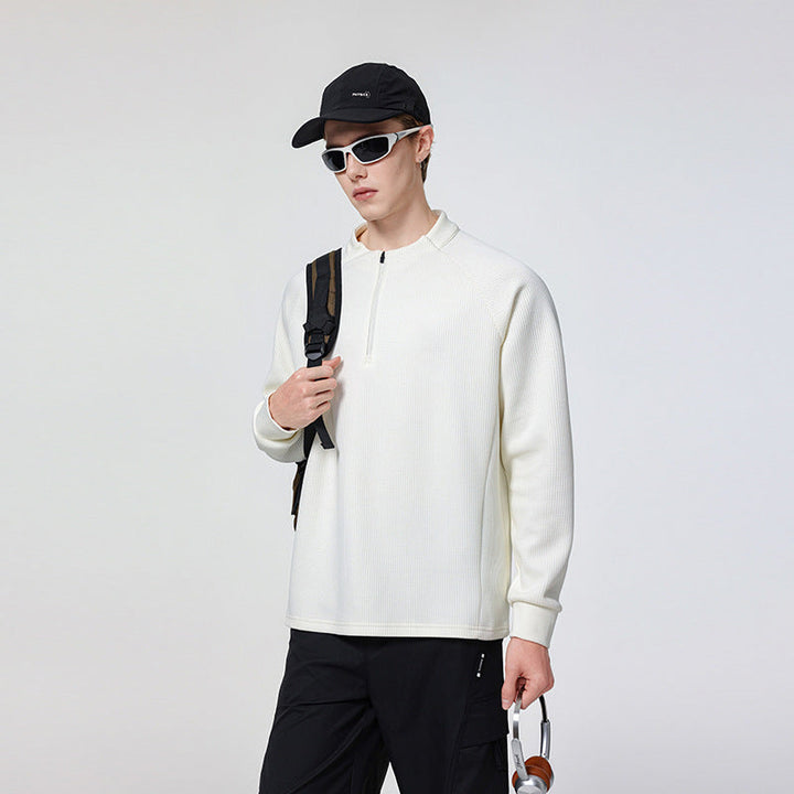 Herr Waffle Structure Halv Dragkedja Pullover med Ståkrage och Avslappnad Passform Drune