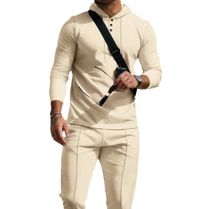 Herr Figurnära med Huva Knapplist Set Gjord av Textured Stretch Jersey med Smal Chino Jogger
