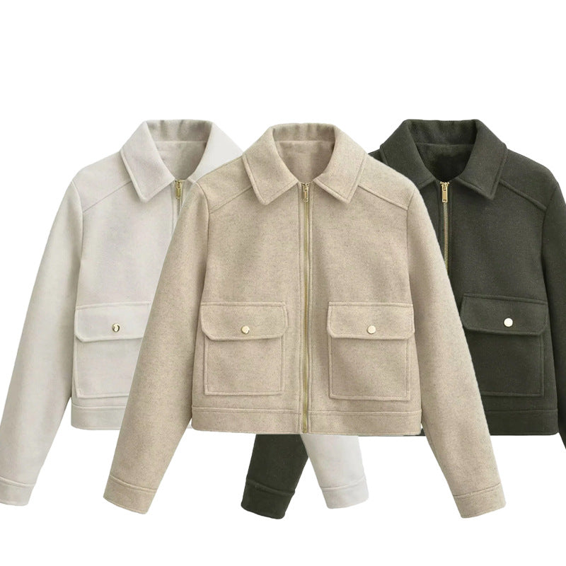 Dam boxy ullblandning shacket med concealed metal dragkedja, skjortkrage, och påsydda fickor