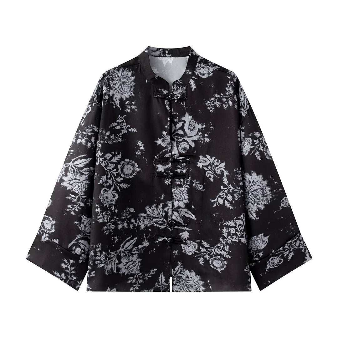 Dam Brocade Jacka med Mandarin Krage, Knot Closures och Wide Kimono Ärmar