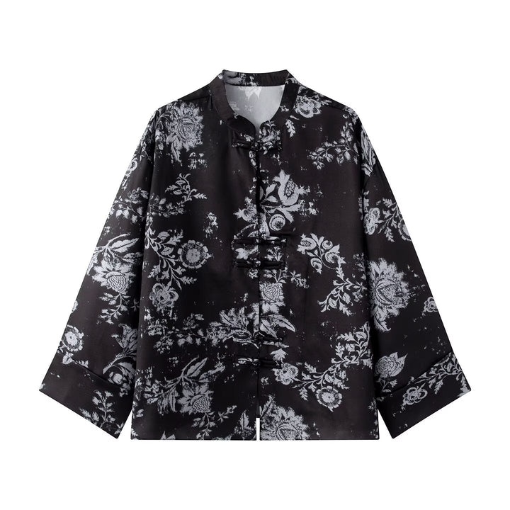 Dam Brocade Jacka med Mandarin Krage, Knot Closures och Wide Kimono Ärmar