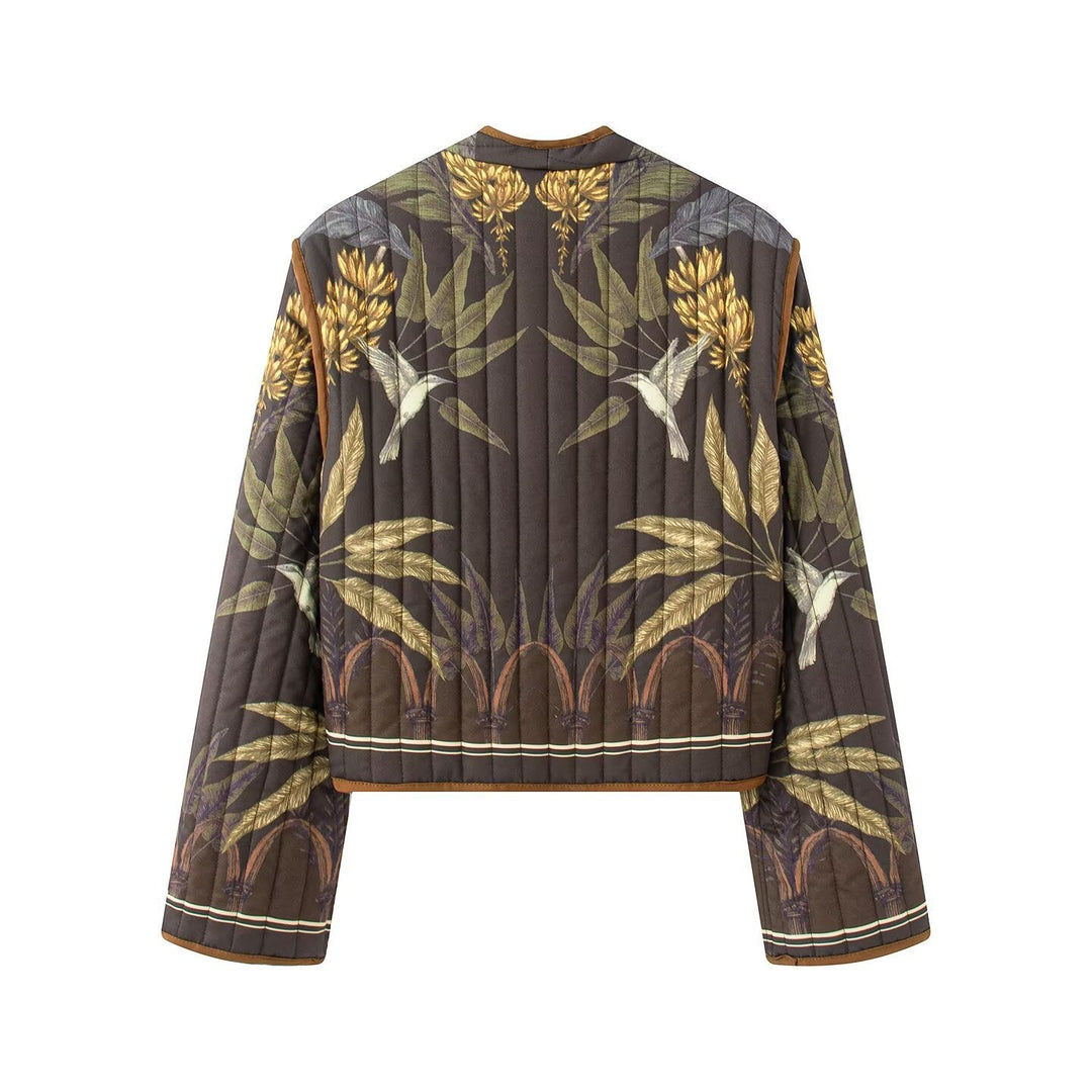 Dam Quiltad Jacka i Kort Skärning med Botanical Tryck och Contrast Piping