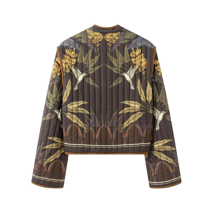 Dam Quiltad Jacka i Kort Skärning med Botanical Tryck och Contrast Piping