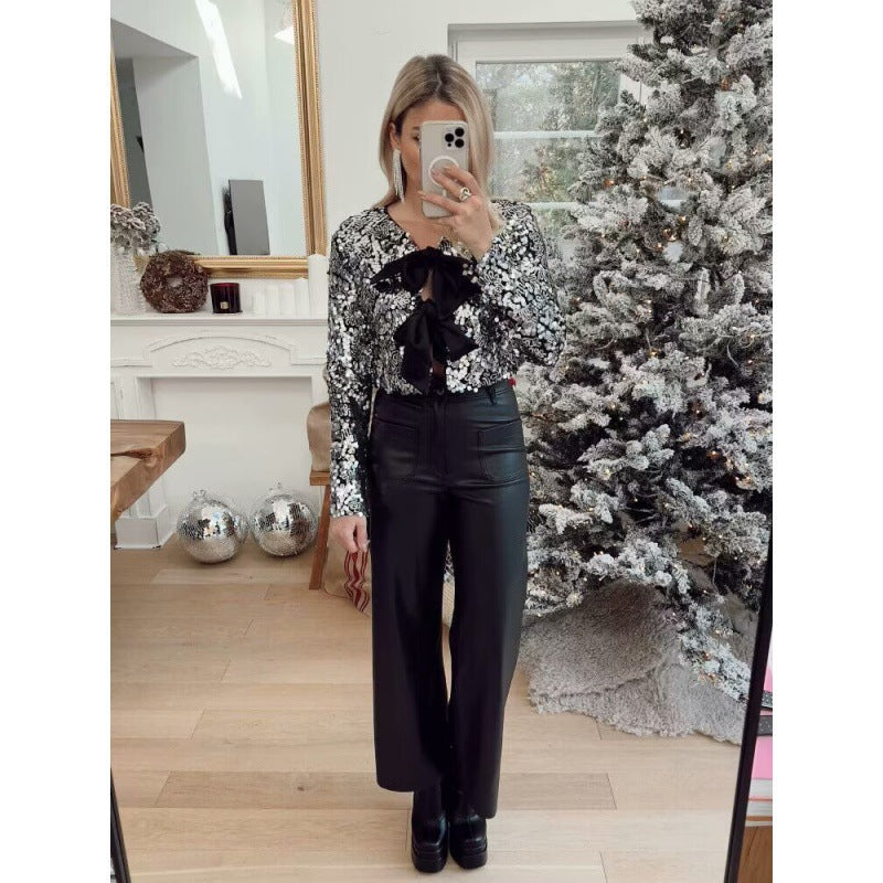 Dam kort skärning Sequin Bolero jacka med Triple Satin Bows och Lined Interior