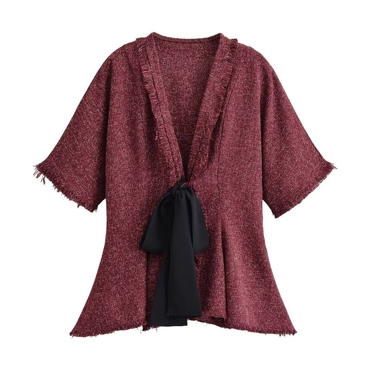 Dam Tweed Kimono Jacka med Fringe Kant och Dekorativ Tie Scarf