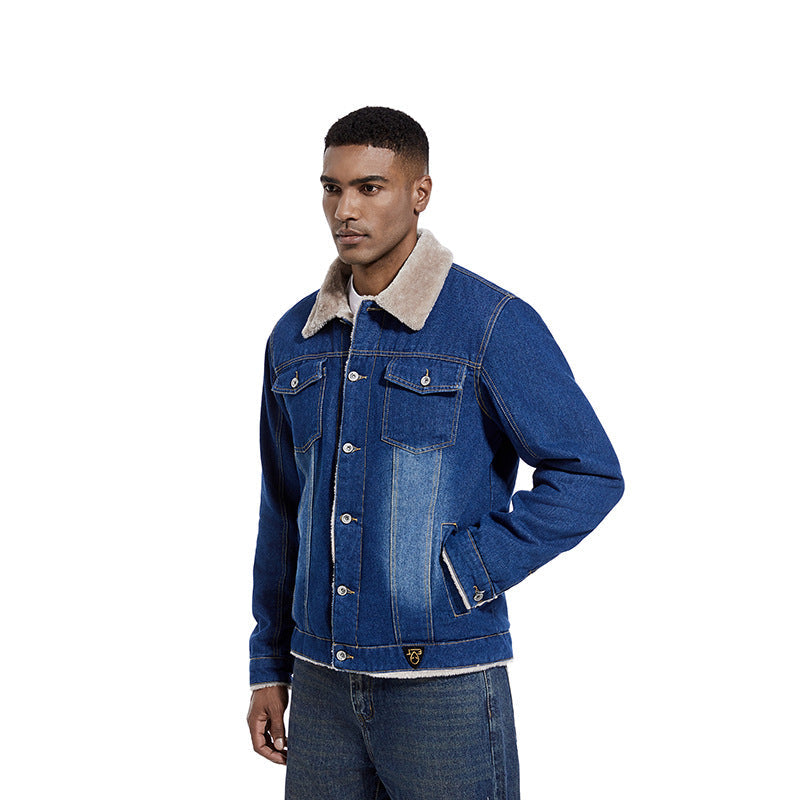 Herr Robust Denim Trucker Jacka med Sherpa Foder och Teddy Krage