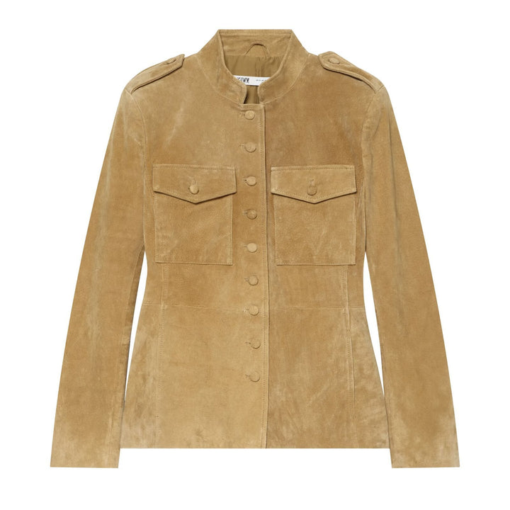 Dam Tailored Suede Jacka med Stå Krage, Lock Fickor och Shoulder Epaulettes