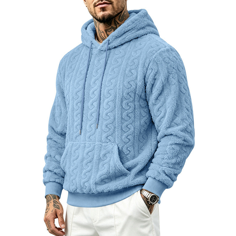 Herr Teddy Fleece Pullover med Cable Mönster, Huva och Känguruficka