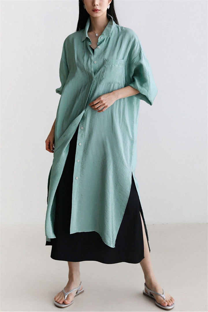 Dam lång Satin Effect Duster med Stand krage, oversized skärning och Deep Side Slits