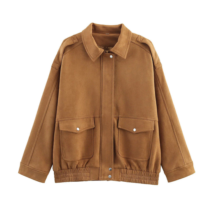 Dam avslappnad velour jacka med snap knäppning, patch flap fickor, och elastisk fåll