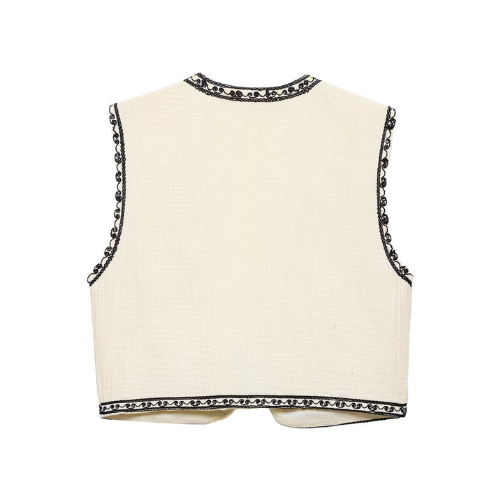 Dam lätt embroidered bomull väst i Boho stil med V-neckline och decorative edge kant