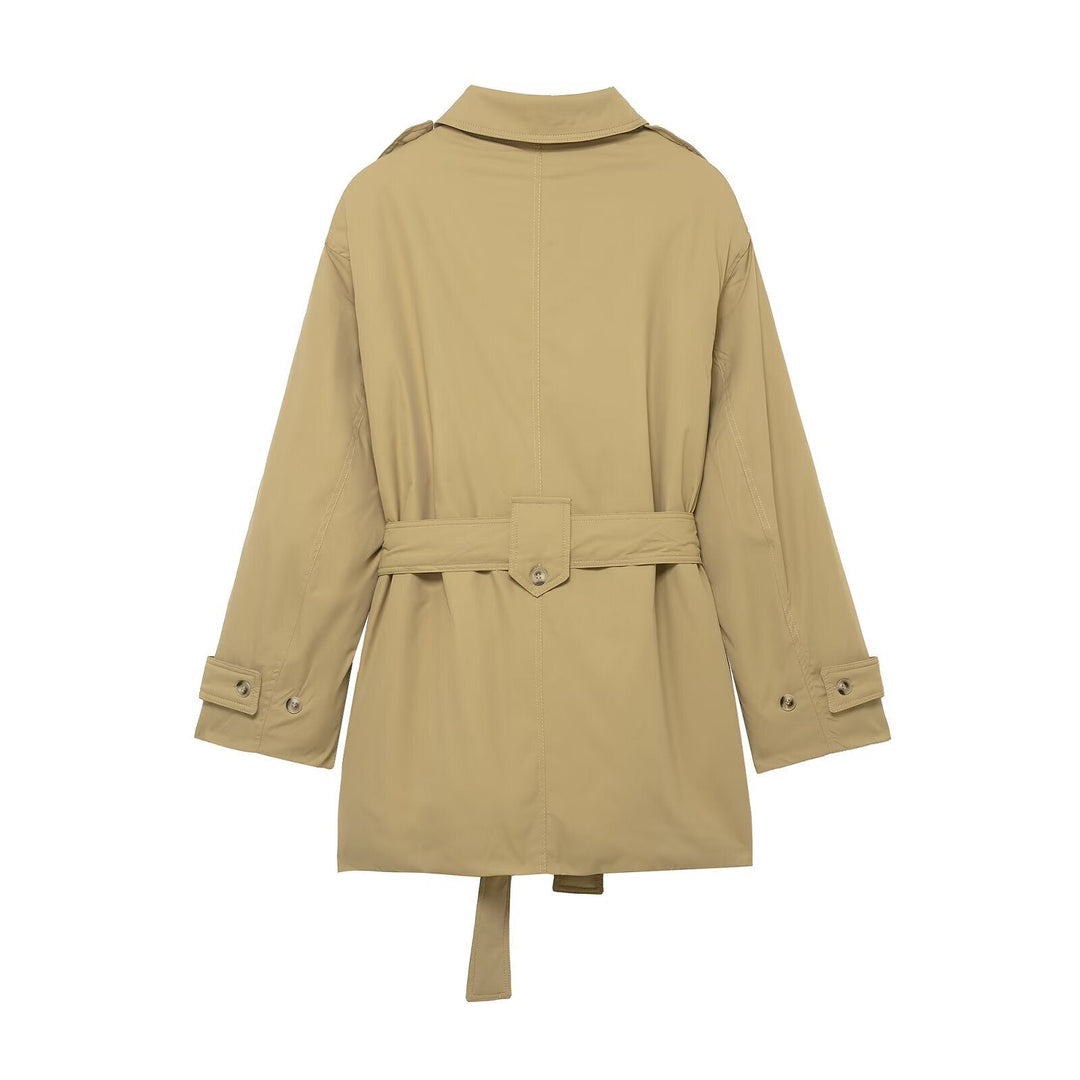 Dam Kort Trenchcoat med Waist Belt och Epaulettes