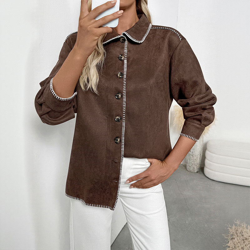 Dam Elegant Skjortjacka Tillverkad av Suede Läder Imitation