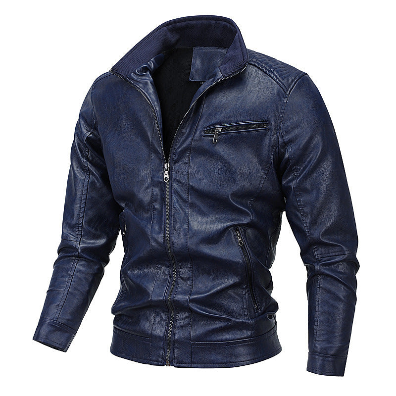 Herr Konstläder Moto Jacka med Stående Krage, Särpräglad Quiltad Design, och Zip Fickor