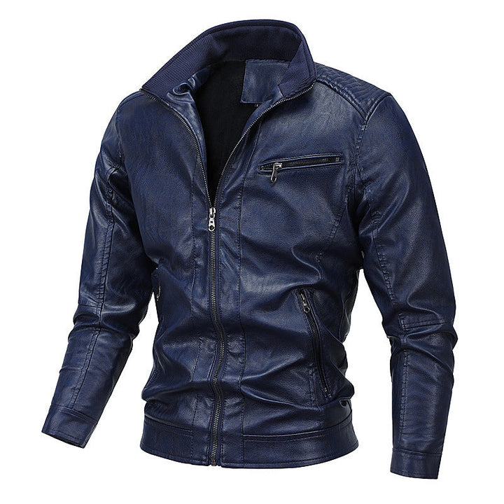 Herr Konstläder Moto Jacka med Stående Krage, Särpräglad Quiltad Design, och Zip Fickor
