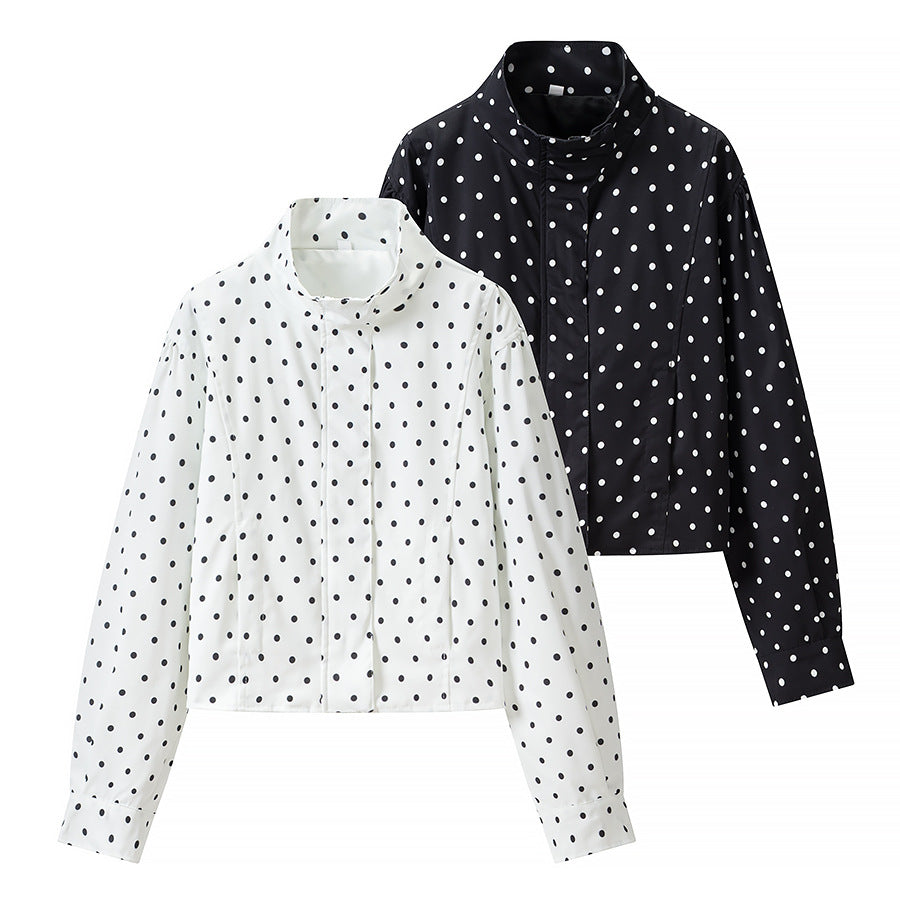 Dam Polka Dot kort jacka med Stand krage och dold Snap knappslå
