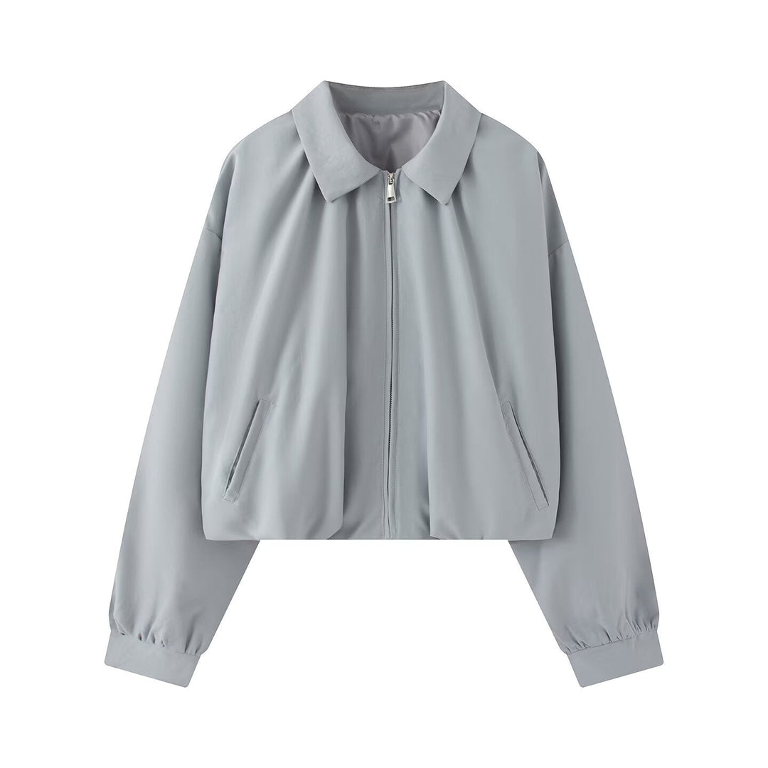 Dam Kort Boxig Jacka i Oversize Look med Skjort Krage, Dragkedja och Elastic Muddar