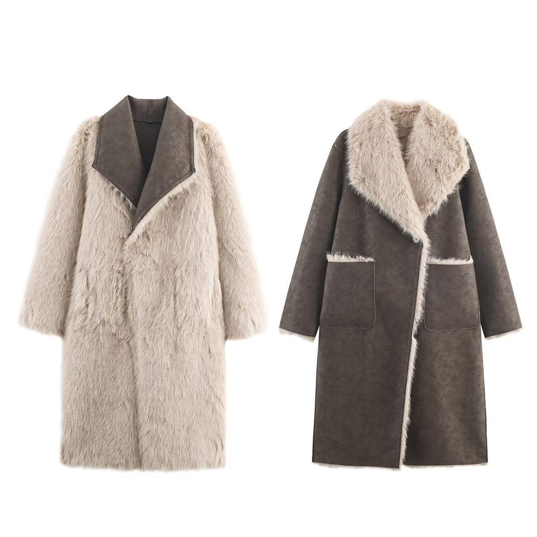 Dam Longer Reversible Konstpäls Kappa med Oversized Sjalrakrage och Utanpåfickor